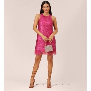 ADRIANNA PAPELL SEQUINED TRAPEZE HALTER DRESS WITH FEATHER TRIM pink size 12 NWT